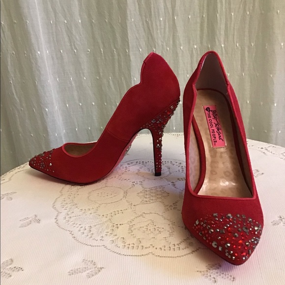 Betsey Johnson Shoes - Betsy Johnson Red Suede Jeweled Heels Size 7.5